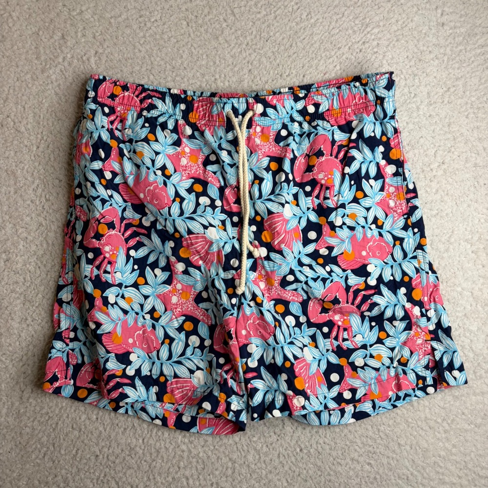 Lilly Pulitzer Mens Swim Trunks Medium Navy Blue Crab Fish Starfish Board Shorts
